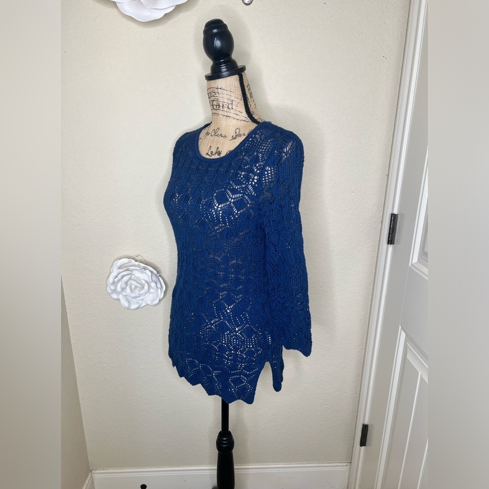 NTM Jeanne Pierre Blue Crochet Pullover Sweater NWT Scoop Neck 3/4 Sleeve Small - Picture 7 of 15